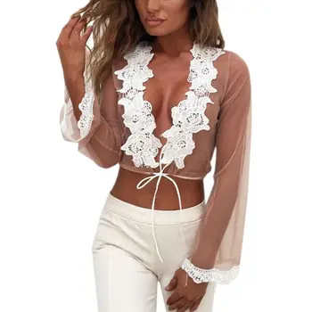 

New Summer Fashion Women Mesh Deep V-neck Lace Blouse Feminina Perspective Sexy Blouse Party Flower Short Blouse Blusas Top