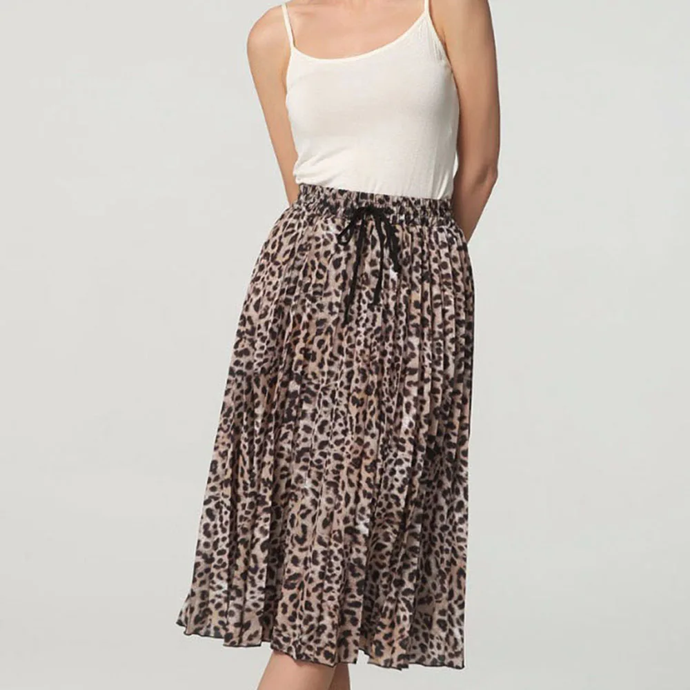 New Fashion Skirts Women Vintage Leopard Printing Pleated Midi Skirts Elastic High Waist Sashes Chic Mid-calf Women Skirts