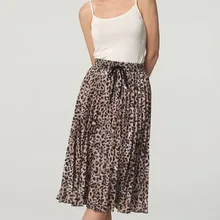 New Fashion Skirts Women Vintage Leopard Printing Pleated Midi Skirts Elastic High Waist Sashes Chic Mid-calf Women Skirts
