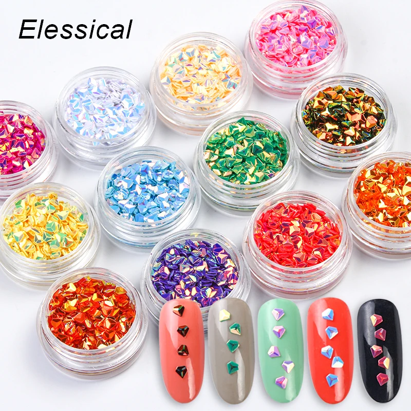 ELESSICAL 12 Bottles Diamond Design Holographic Nail Glitter Sequins 3D