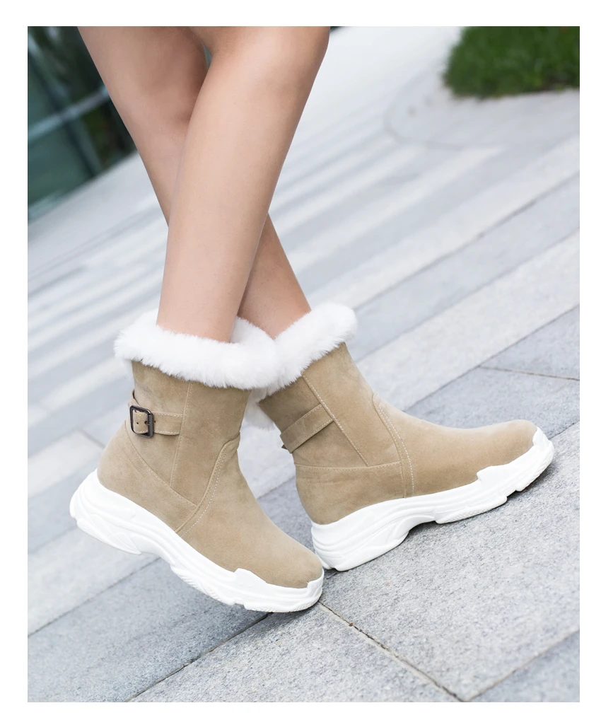 Lady Jane Wedges Heels Platform Snow Boots Buckle Round Toe Med Heels Mid Calf Boots Slip On Plus Size 34-45 Winter Shoes Women