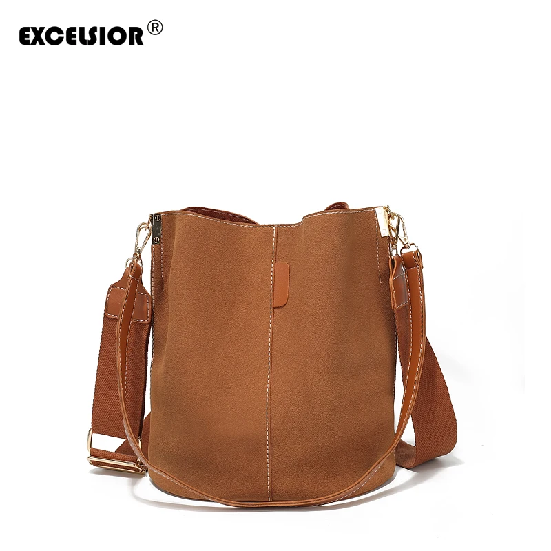 

EXCELSIOR Vintage Scrub Bucket Bag Fashionable New High Quality PU Leather Women's Handbag Messenger Bags with Two Wide Straps