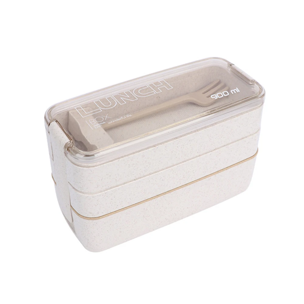 900 мл 3 слоя Bento Box экологичный Ланч-бокс пищевой контейнер пшеничная соломинка материал Microwavable столовая посуда Ланчбокс - Цвет: Бежевый