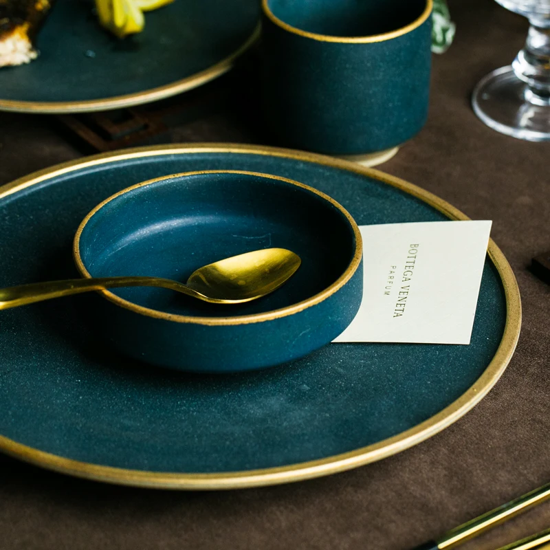 Новая керамическая золотая инкрустация тарелки стейк еда блюдо скандинавском стиле столовая посуда в ретро стиле миска Ins обеденная тарелка чашка высокого класса столовая посуда набор
