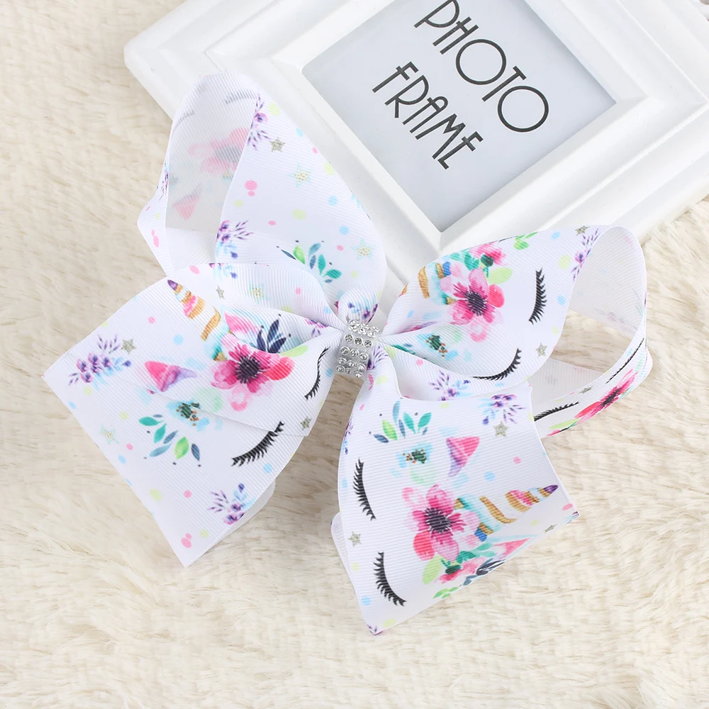 

8 Inch Big Bowknot Hairpin Unicorn Hair Clip Girls Satin Ribbon Bow Elastic Diamonds Hair Clip Lovely Woman Hair Accessories