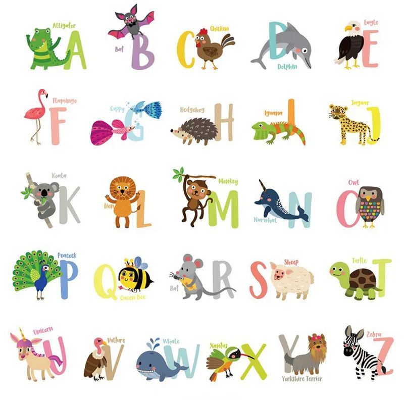 A-Z Alphabet Cartoon Animals Wall Sticker Helpful 26 English Letters Learning Wall Refrigerator Cute Decorative Wall Stickers