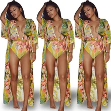 Индийское платье сари Горячая Новинка Европейская пляжная шифоновая блуза+ Солнцезащитная Одежда Цельный купальник с цветочным принтом из двух частей