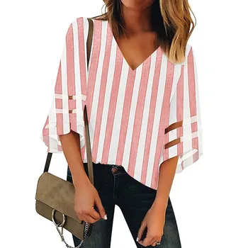 

womens blouses and tops V Neck Striped Mesh Panel Blouse 3/4 Bell Sleeve Casual Loose Top women shirt blusas mujer de moda 2019