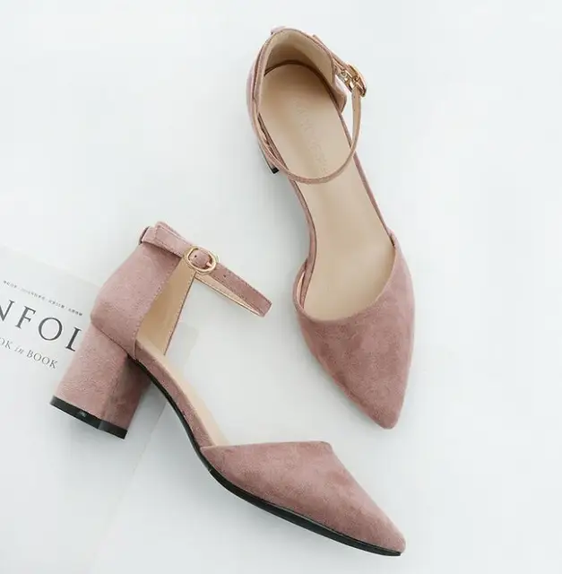 women pumps Word buckle Hollow Suede Single shoes Thick with Pointed Toe High heels women shoes Pink 6CM