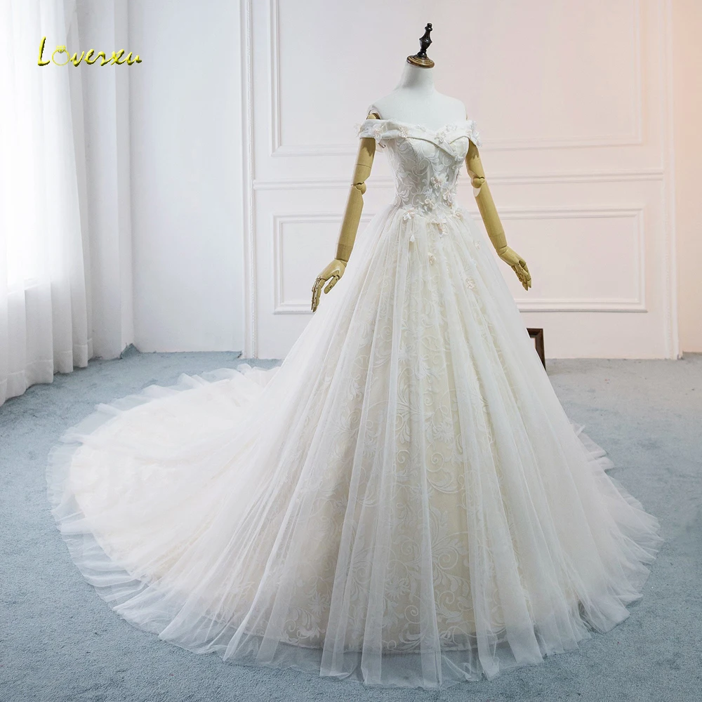 Loverxu Vestido De Noiva, кружевной вырез лодочкой, бальное платье, свадебное платье, элегантное, украшенное бусинами, со шлейфом, винтажное свадебное платье, большие размеры