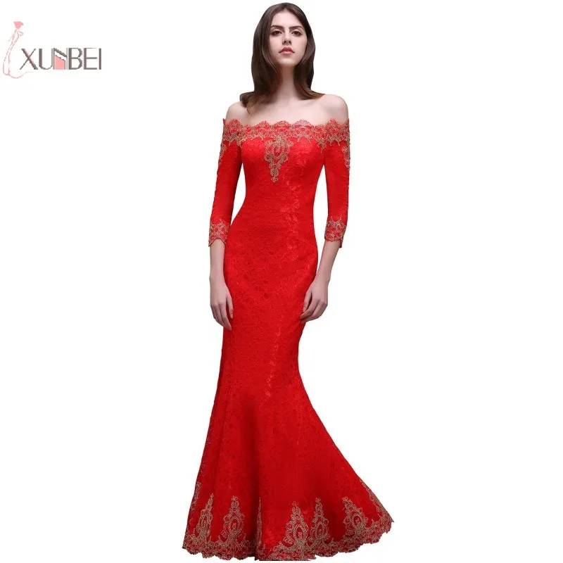

2019 Luxury Red Lace Mermaid Long Evening Dress Off The Shoulder Applique Evening Gown Formal Dresses robe de soiree longue