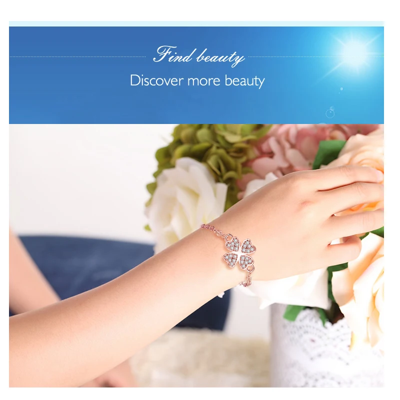 ELESHE Lucky Charm 4-Leaf Clover Good Luck Bracelet Rose Gold Color For Women