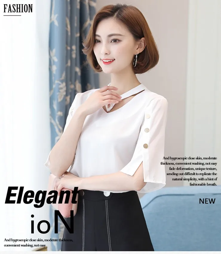 Blouse Shirt Women 2018 Korean Style V-neck Tops Ladies Chiffon Blouse Button Short Sleeve White Shirts Summer Blusas Mujer (1)