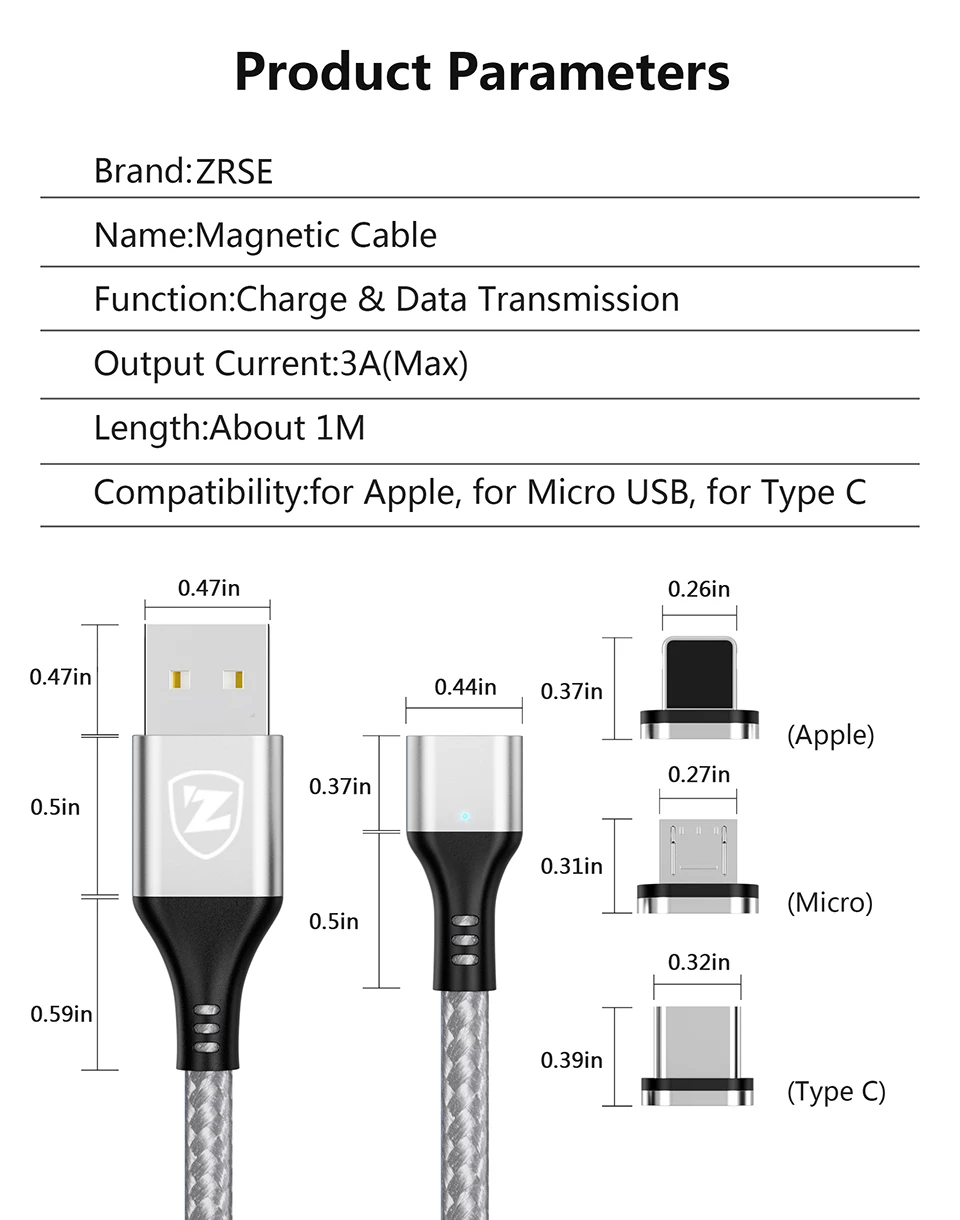 ZRSE Магнитный зарядный Micro Usb кабель для Iphone samsung a50 светодиодный магнитный кабель type C Xiaomi Mi9 Redmi 3A провод для быстрой зарядки