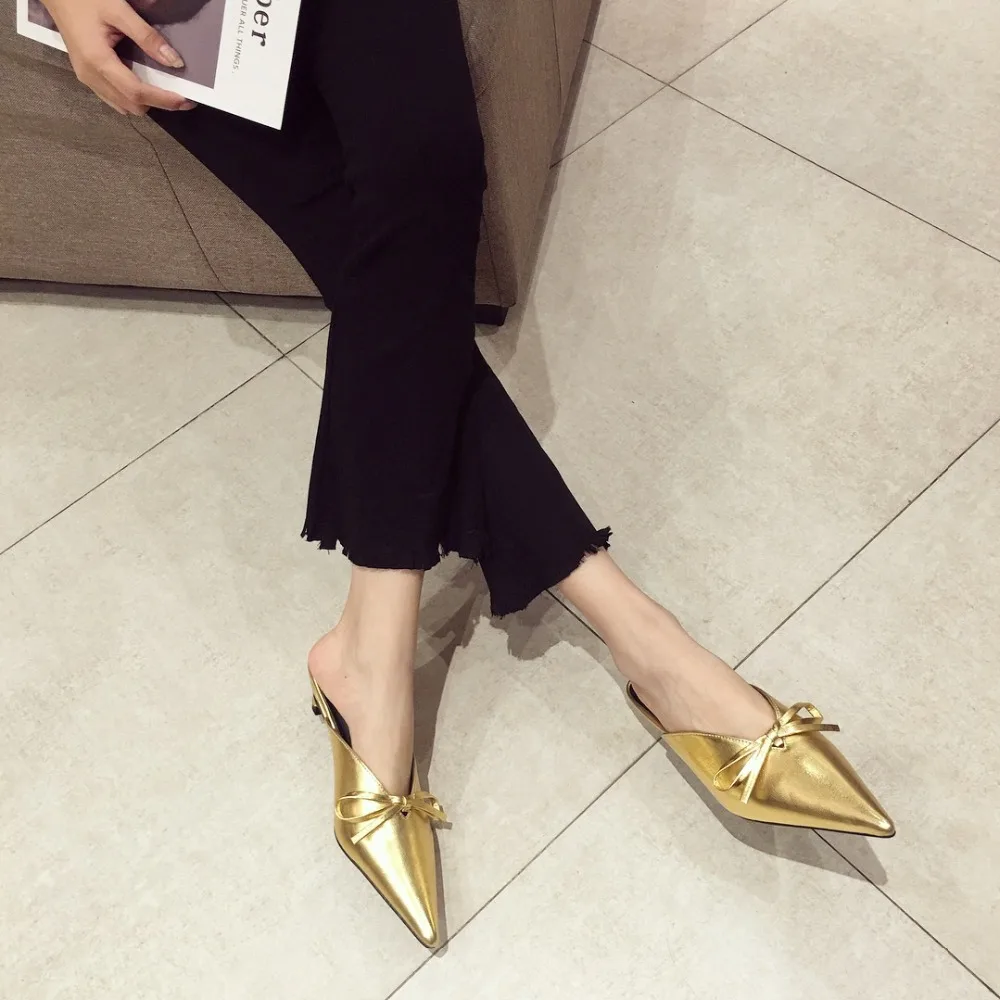 Thin Heels Flat Slippers Gold Sandals Med Slides Pointed Toe Butterfly-knot Women's Shoes Silver Sliders Summer PU Rubber