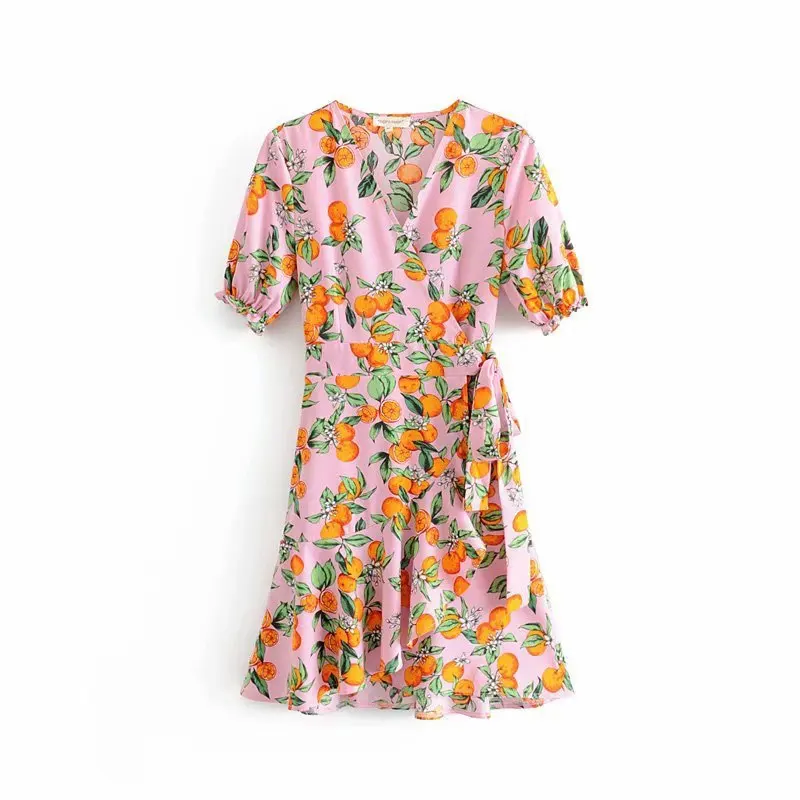 

Women Summer Party Dress Chic Orange Print Belted Short Sleeve Mini Dress Vintage Boho Beach Wear Female Vestidos