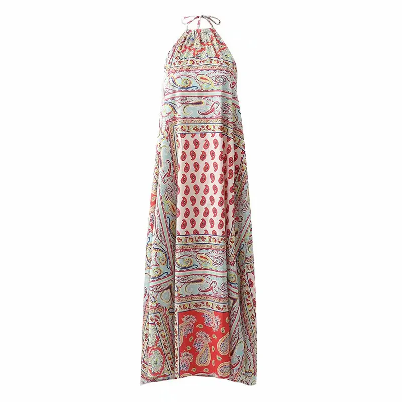 

Sling Floral Dress Summer Women Halter Sleeveless Straight Dress Vintage Open Back Slim Female Long Ankle-Length Sundress