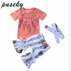 Puseky От 1 до 6 лет одежда для маленьких девочек ветер колокольчика хлопок печати Топы + Bell-низ расклешенные брюки + повязка на голову, 3 шт