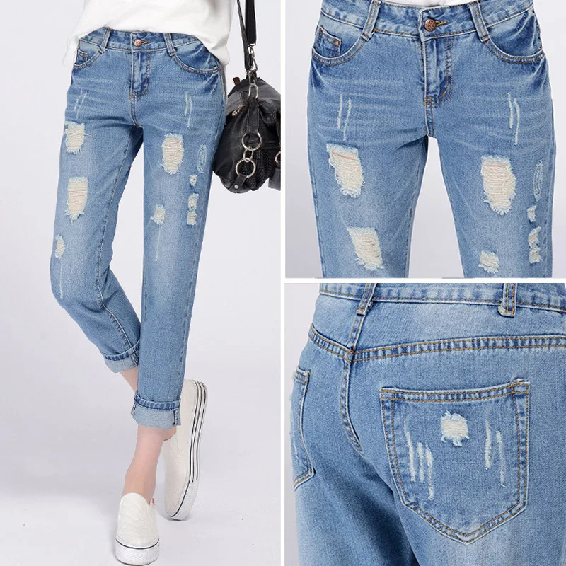 women jeans plus size fashion spring summer casual denim jeans ripped ankle length pants high