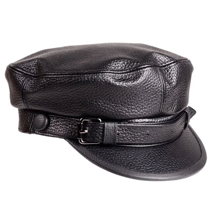 Xongkoro Cow Leather Military Hat Flat Top Navy Cap Boys Girls Old Fashion Visors Black Color