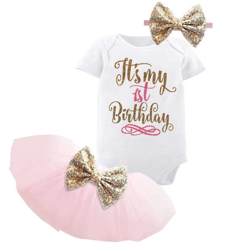 

Bebes One Year 1st Birthday Set Summer Sequin Bow Tutu Party Outfits (Cotton Romper+Headband+skirt) 3pcs Clothing Sets for Girls