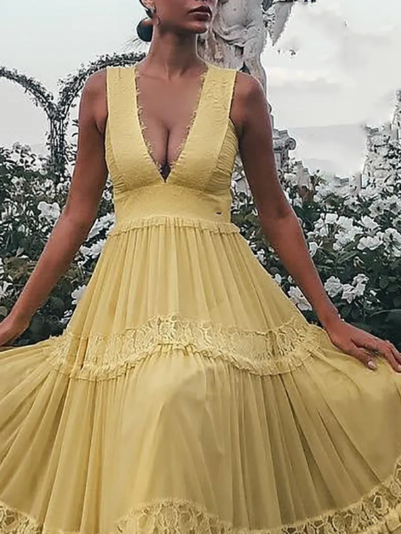 الأزياء 2019 الصيف بوهو شاطئ فستان طويل عارضة الصلبة أكمام مطوي ماكسي فساتين مثير V الرقبة عالية الخصر تونك فستان الشمس