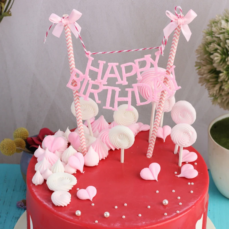 

1 pcs new bowknot happy birthday cake topper flag for birthday baby shower kids party favor decoration supplies