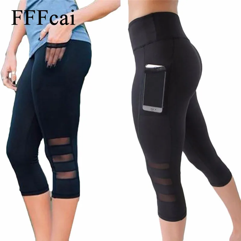 

FFFcai Calf-length Pants Capri Pant Sport Legging Women Fitness Yoga Gym High Waist Legging Girl Black Mesh 3/4 Yoga Pants Women