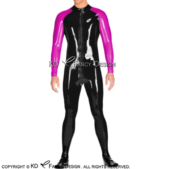 

Black With Rose Red Latex Catsuit With Trims On Shoulder Front To Crotch Zipper Rubber Bodysuit Overall Zentai LTY-0181