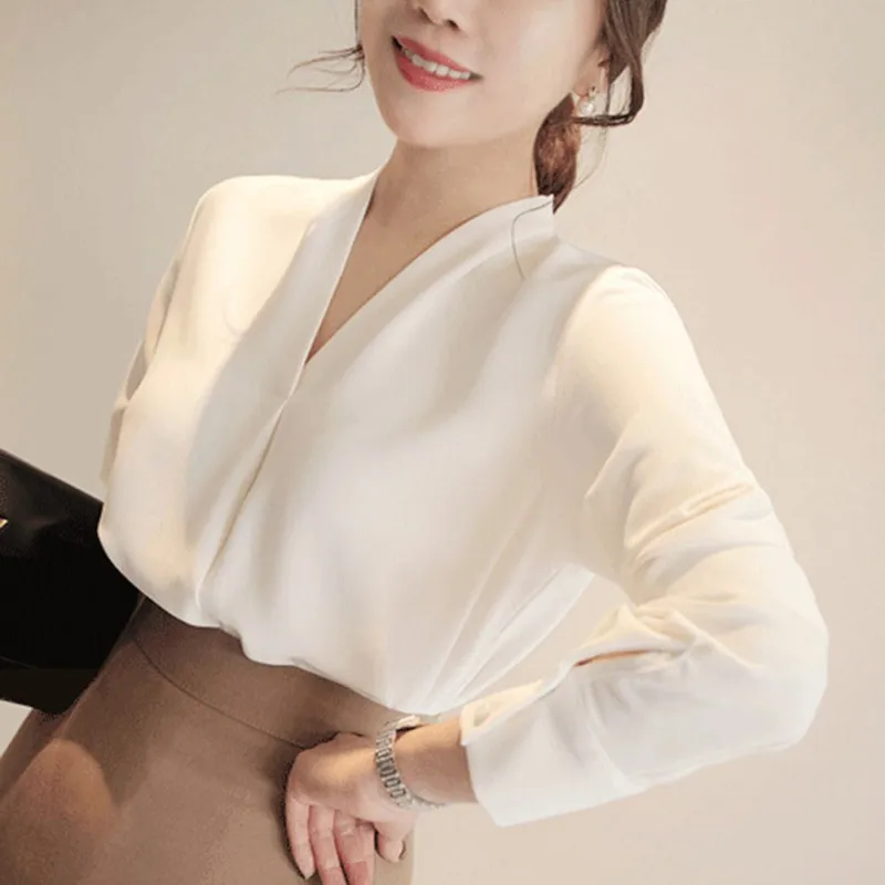 

Hot 2019 New Lady Tops and Blouses Chiffon Shirt Women V-neck Long Sleeve Shirt Office Women Tops Blusas Femininas Camisas Mujer