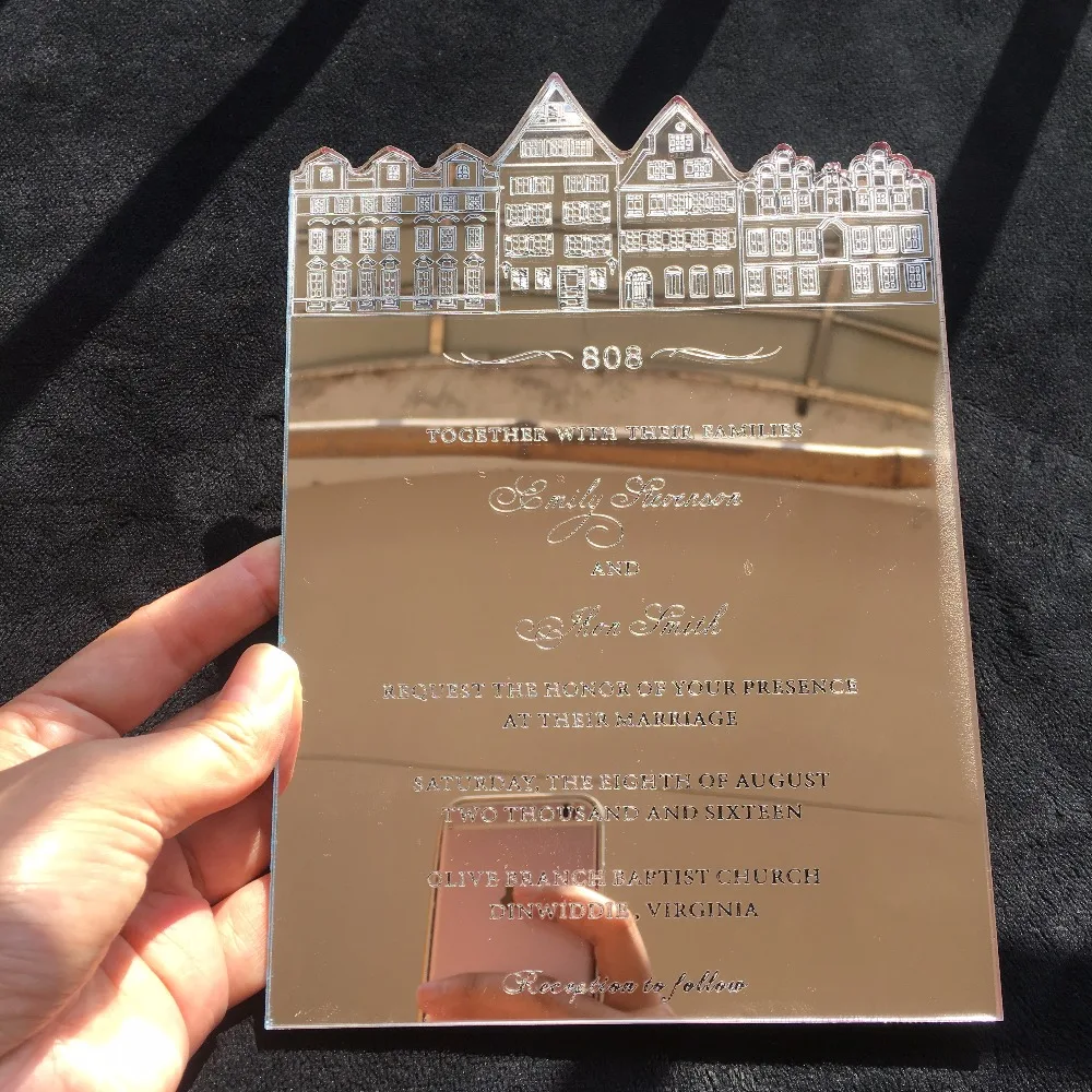 

Customized A5 size 148X210mm Laser Engraved Letters Silver Mirror acrylic wedding invitation card 100 Pieces Per Lot