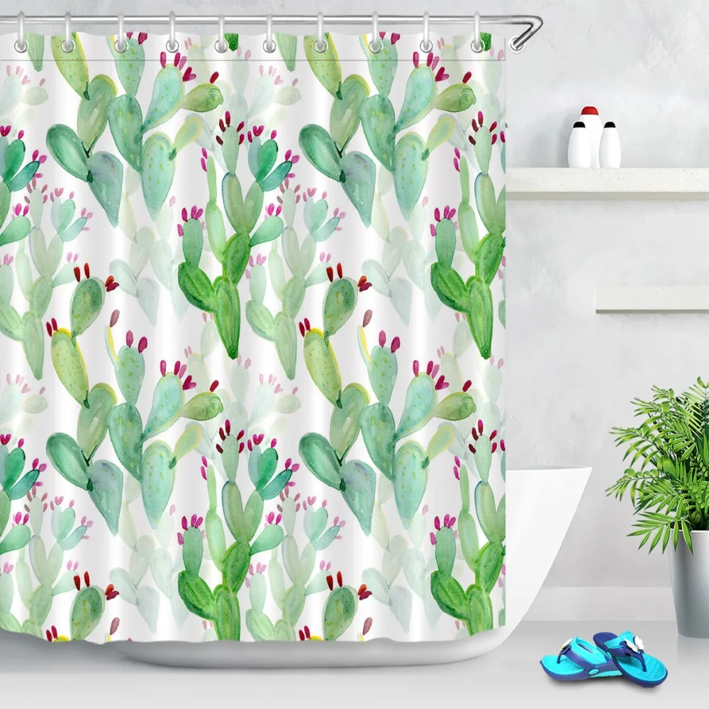 Tropical Summer Flowers Cactus Shower Curtain Waterproof Fabric Bathroom Hooks