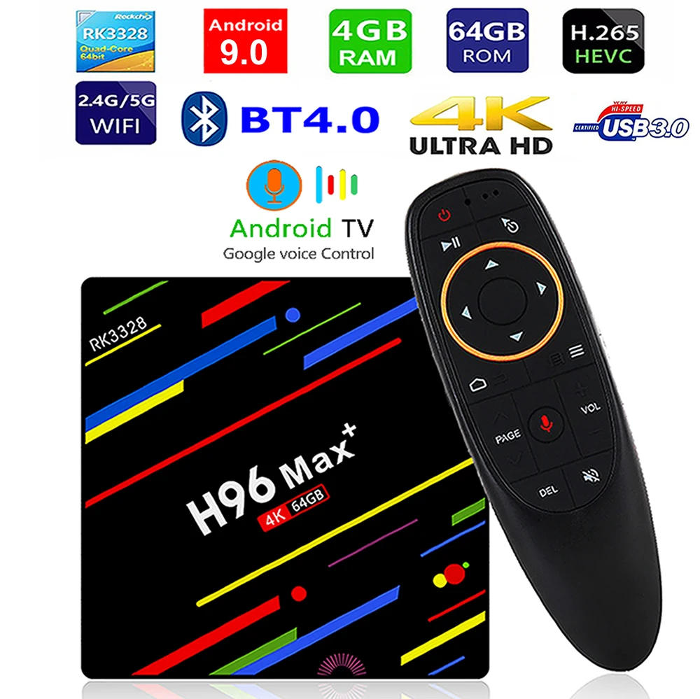 ТВ приставка H96 Max Plus Android 9 0 Rockchip RK3328 4 + 64 ГБ Google Voice Control 3D 4K HDR BT4.0 5G двойной Wi Fi USB 3