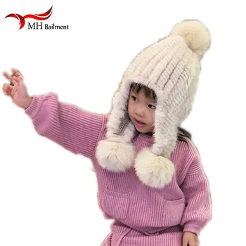 

Real Natural Mink Fur Cap Double Closely Woven Long Ear Fur Hat For Women Winter Cap Three Fox Fur Pom Poms Thick And Warmth Cap