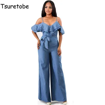

Tsuretobe Summer Sexy Off Shoulder Denim Jumpsuit Women Wide Leg Pants Loose Casual Ruffle Jumpsuit Bodycon Backless Jumpsuit