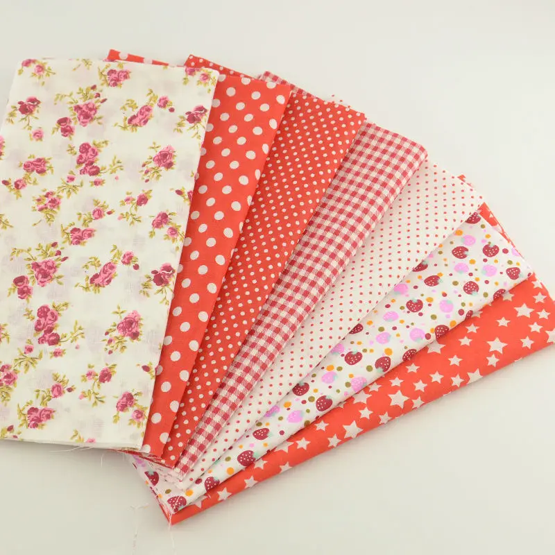 Hot Red Color Mix 7 PCS Cotton Plain Fabric Flowers/dots/check/star/strawberry Design Clothing Telas Material Home Decoration