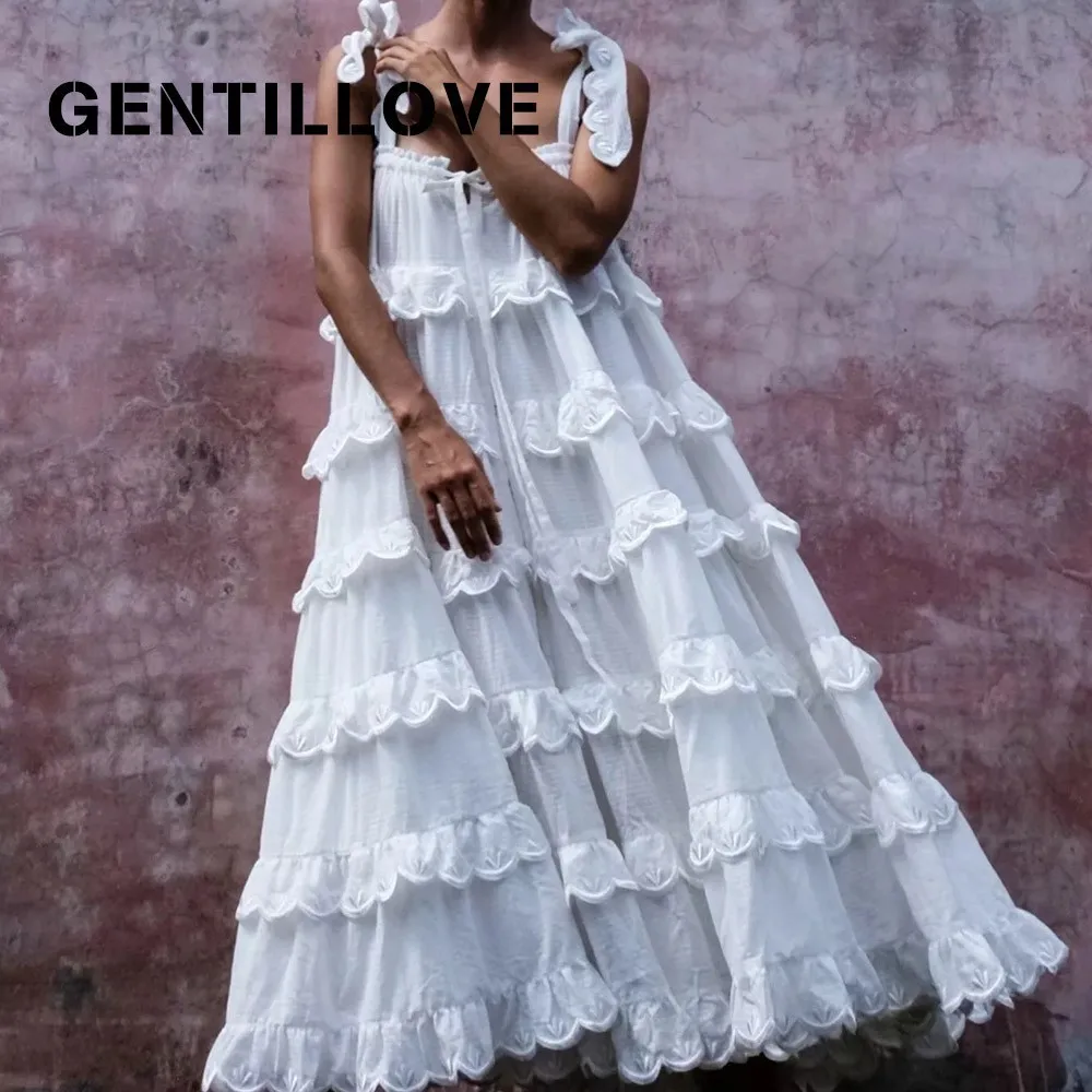 

Women Elegant Cascading Ruffle Long Dress Solid Lace Up Strapped Sweet Loose Midi Dress Casual Party Dress White Vestidos Mujer