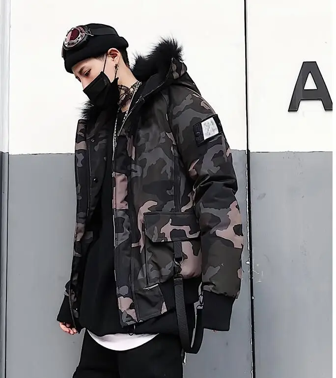 

Men's Camouflage Winter Warm New Jacket drop ship Fashion belt mink hat windbreaker Street style top Coat US Size XS-XXL