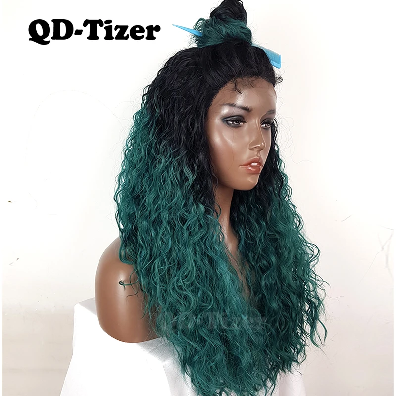  QD-Tizer Green Color Hair Synthetic Lace Front Wigs Loose Curly Ombre Wigs Green Hair Wig with Baby