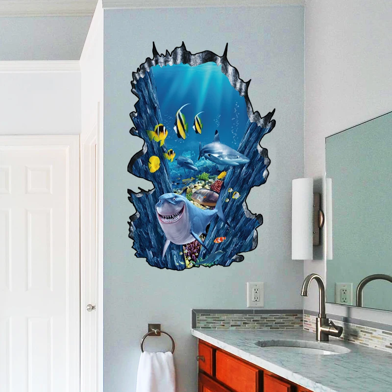 

Hot Underwater World 3D Wall Stickers for kids Living room Decoration Shark Dolphin Art Decal Murals Modern Door Floor sticker