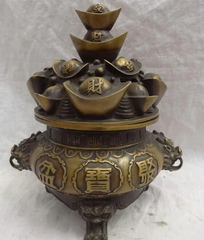 

JP S0608 11" Tibet Bronze Fa Cai YuanBao Lion Head Statue Coin Bowl Saving Bank Censer