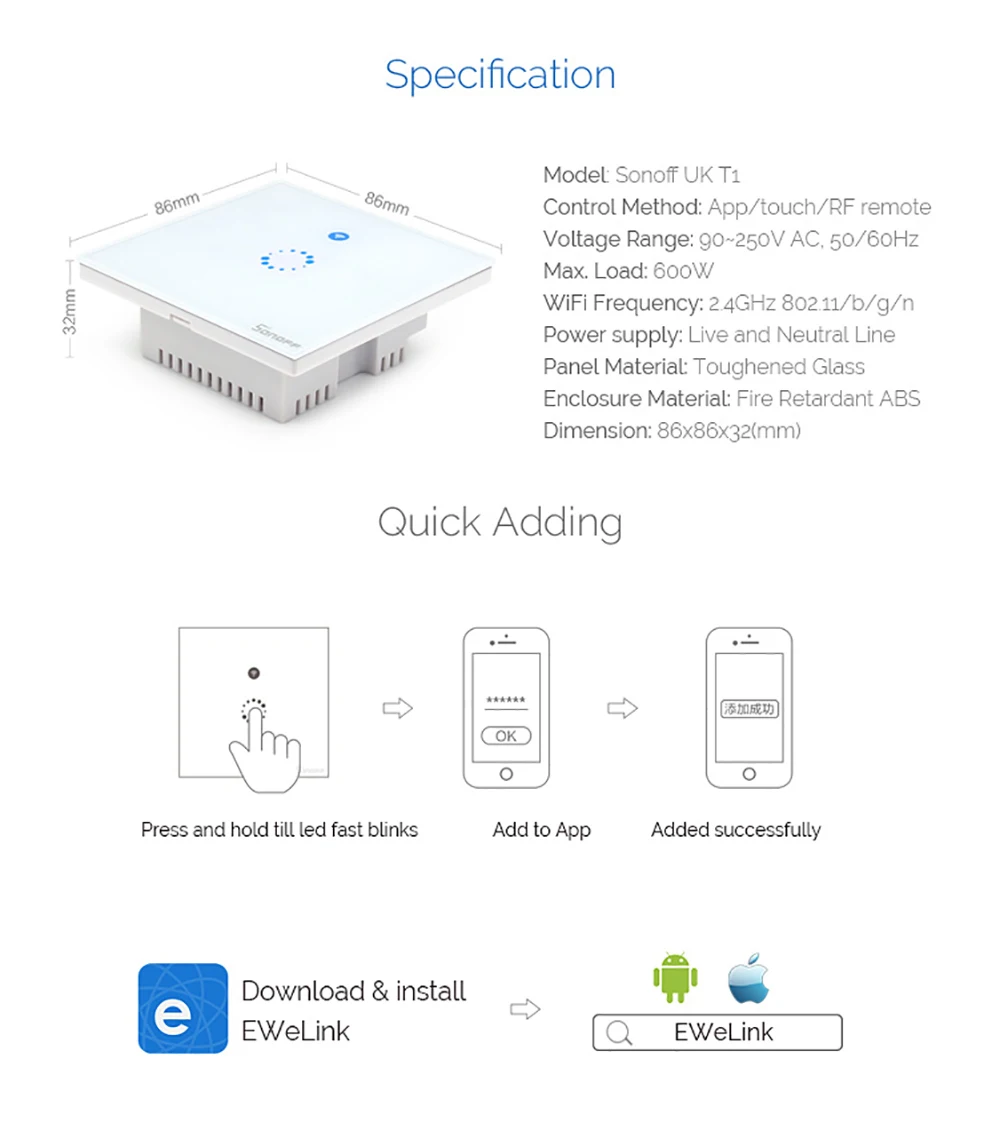 Sonoff T1 Smart WiFi RF/APP/contrôle tactile interrupteur d'éclairage mural 1/2/3 Gang 86 Type royaume-uni panneau mur interrupteur tactile maison intelligente