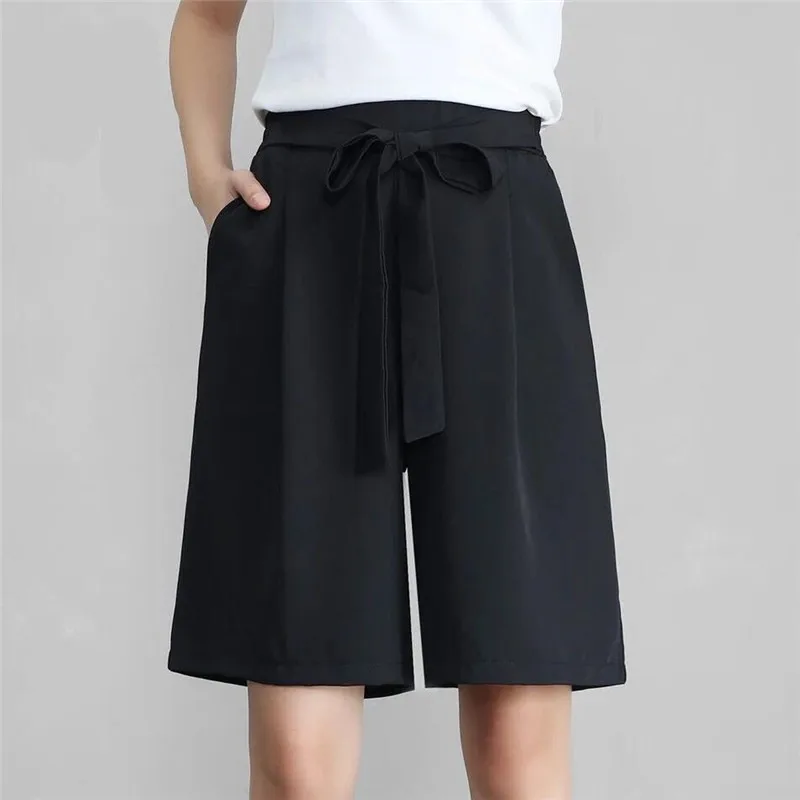 Большие размеры 7XL летние широкие брюки женские черные брюки с высокой талией до колена свободные брюки офисные женские деловые штаны Femininos
