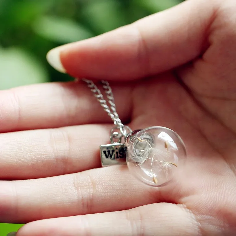 Ринху стеклянная бутылка ожерелье натуральный Одуванчик семя в стеклянном Длинном Ожерелье сделать пожелание стеклянный шарик Orb посеребренное ожерелье