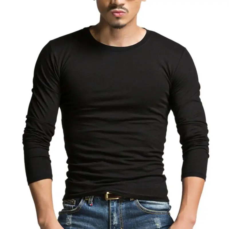 mrwonder Men Simple Solid Color Long Sleeve T Shirt Chic Slim Round