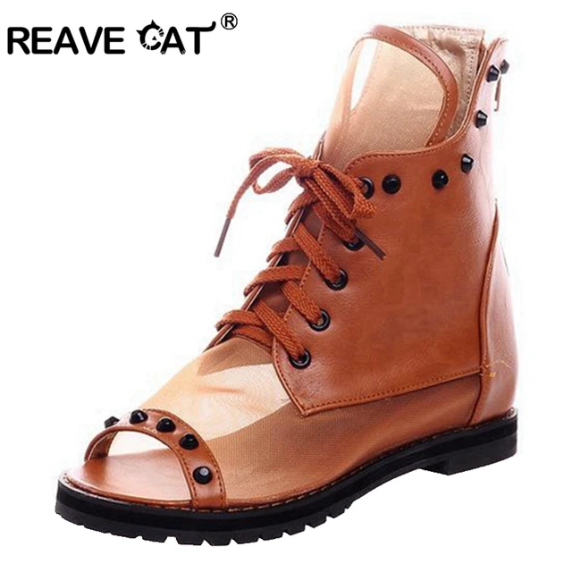 REAVE CAT Spring summer Women shoes Sandals Open toe Gauze Rivets Ankle boots Lace up Increased Plus size 33-43 Hot sale QA3003