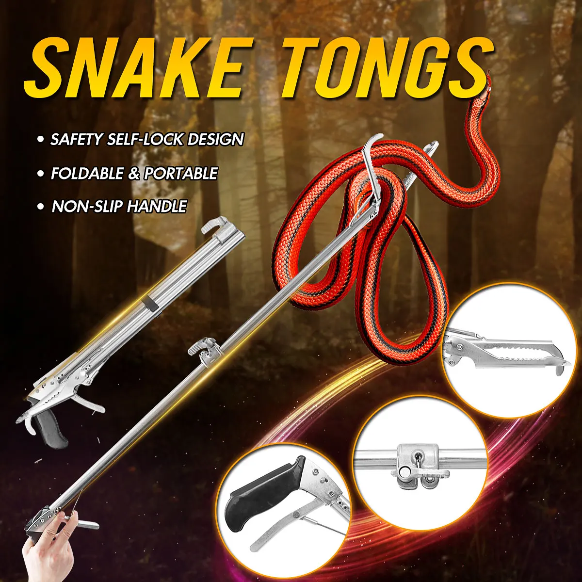 

120/100/75CM Automatic Snake Catcher Foldable Self locking Reptile Snake Tongs Stick Grabber Wide Jaw Tool Pest Control Products