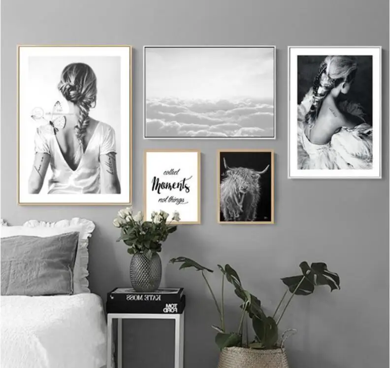 

Black White sheep Girl Landscape Canvas Art Print Painting Poster, Nordic Style Wall Pictures for Home Decoration, Wall Decor