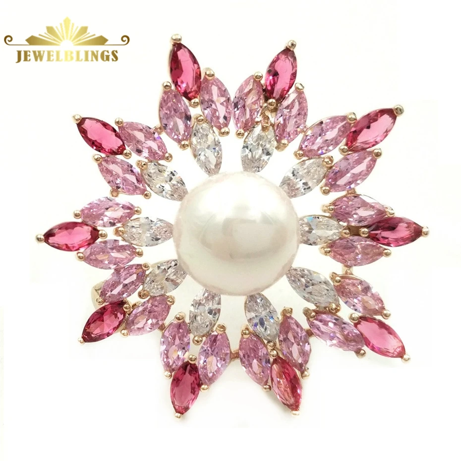 

Fancy Vintage Style Domed White Mother of Pearl Pink Flower Brooch Marquise Cut CZ Petal Triple Tier Two Tone Floral Pins Broach