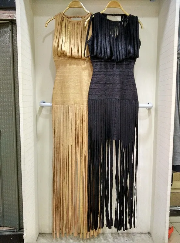 Женское сексуальное длинное облегающее платье наивысшего качества с кисточками золотистого и черного цветов трикотажное эластичное дизайнерское платье
